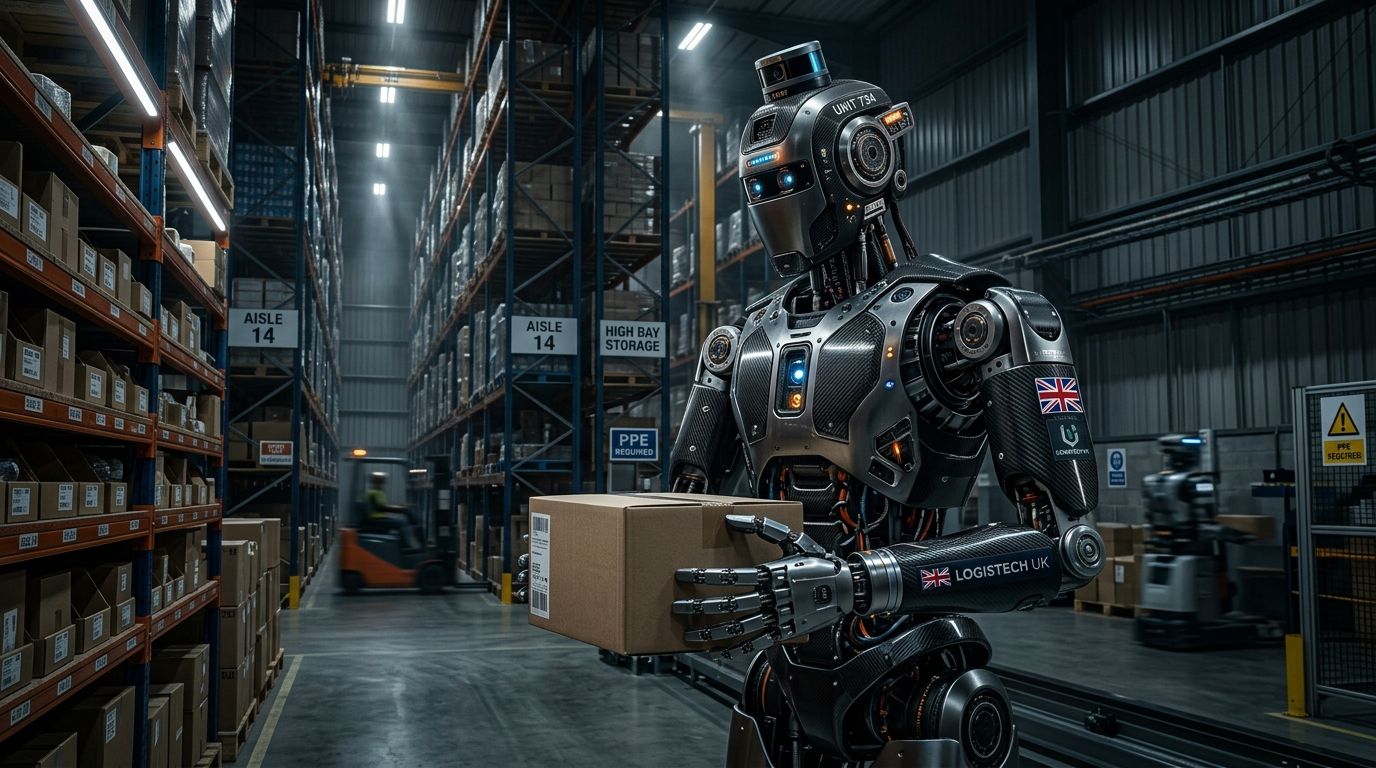 Full-size humanoid robot in high-bay logistics warehouse (illustrative render)